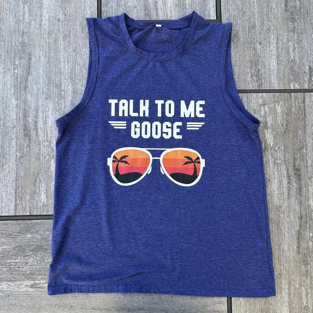Talk To Me Goose Shirt Mens Large Blue Tank Top Sleeveless Graphic Top Gun Movie